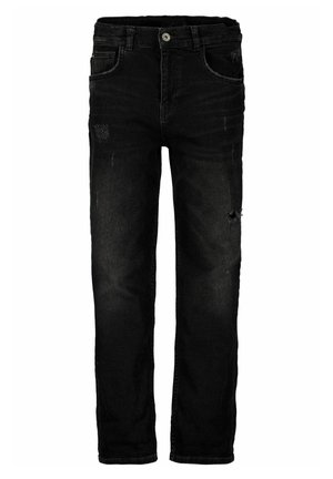 Jeans in denim nero a taglio dritto, con dettagli consumati, bordi sfrangiati e design a cinque tasche. Chiusura con bottone in metallo in vita.