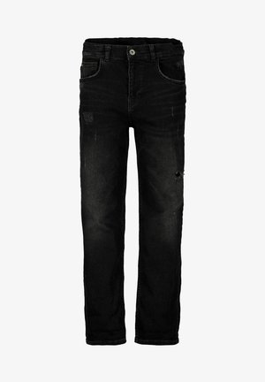 Schwarze Denim-Jeans mit geradem Schnitt, ausgestattet mit Used-Details, ausgefransten Kanten und Fünf-Taschen-Design. Metallknopfverschluss an der Taille.