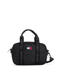 Borsa rettangolare nera realizzata in tessuto liscio. Presenta manici doppi, una tracolla regolabile e un'etichetta logo in evidenza nei colori rosso, bianco e blu.