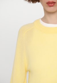 Gelbes Strickpullover mit rundem Ausschnitt und gerippten Kanten. Weiche Textur, mit tailliertem Design und dezenten Nahtdetails.