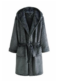 Szary pluszowy szlafrok z pikowanym wzorem, kapturem i paskiem zawiązywanym w talii. Posiada dwa przednie kieszenie oraz miękką podszewkę wewnętrzną.