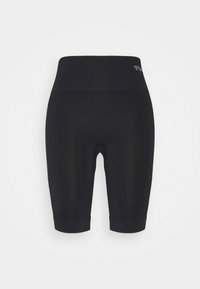 Short de cycliste noir, taille haute, extensible, longueur mi-cuisse, avec un petit logo près de la ceinture.