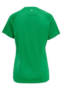 T-shirt de sport vert en tissu lisse et léger. Il présente un col rond, des manches courtes et un logo de la marque discret au dos.
