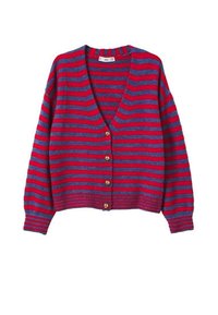 Cardigan de rayas rojas y azules con un escote en V profundo, ajuste corto y cierre de botones. Textura de punto suave y puños acanalados. Presenta cuatro botones dorados.