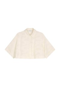 Camicia cropped a maniche corte in tessuto beige chiaro con un motivo sottile, dotata di chiusura a bottoni frontale e colletto classico.