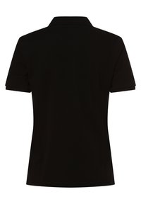 Zwarte polo met korte mouwen en een kraag. Glad katoenen stof, klassieke pasvorm, minimalistisch ontwerp, geen zichtbare patronen of hardware.