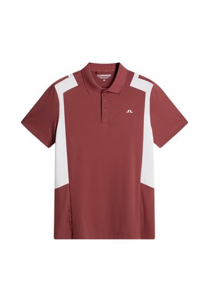 Polo color amaranto con pannelli accentuati bianchi. Presenta un collo con colletto, maniche corte e un logo sul petto sinistro. Realizzata in tessuto liscio.