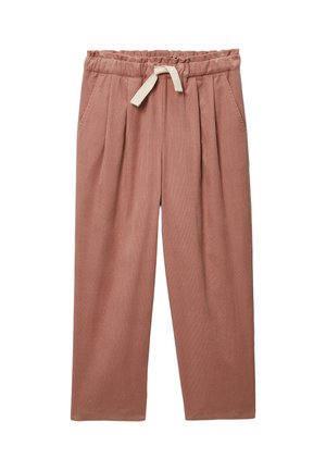 Pantalon ample en velours côtelé rose poussiéreux avec ceinture élastique et cordon de serrage crème, doté de poches latérales et de plis à l'avant.