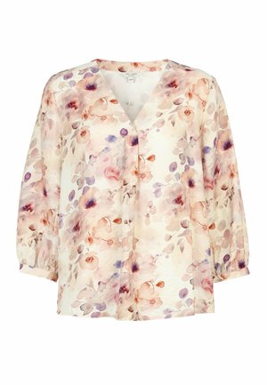 Floral blouse with V-neck, long puff sleeves, and pastel pink, purple, and beige flowers on a light background.