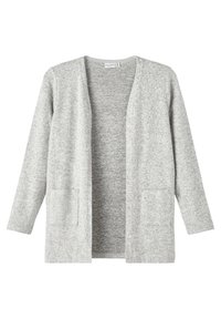 Cardigan grigio chiaro con una vestibilità ampia, maniche lunghe, apertura frontale e due tasche frontali. Realizzato in un materiale morbido e testurizzato.