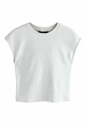 Hellgraues kurzärmeliges Oberteil im Crop-Design aus weichem Stoff, mit rundem Ausschnitt und lockerem Schnitt, mit glatter Textur.
