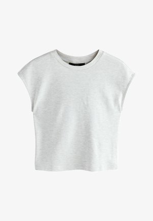 Lichtgrijs kortarmig shirt met een cropped ontwerp, gemaakt van zachte stof, met een ronde halslijn en een comfortabele pasvorm, met een gladde textuur.