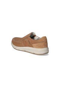 Brown suede slip-on shoe with white rubber sole, featuring stitched detailing and perforations for breathability.