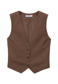 Gilet marron sans manches avec quatre boutons sur le devant, encolure en V et deux petites poches avant.
