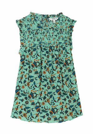 Ærmeløs turkis kjole med rynket overdel og blomstermønster i orange, blå og sort, designet til et barn.