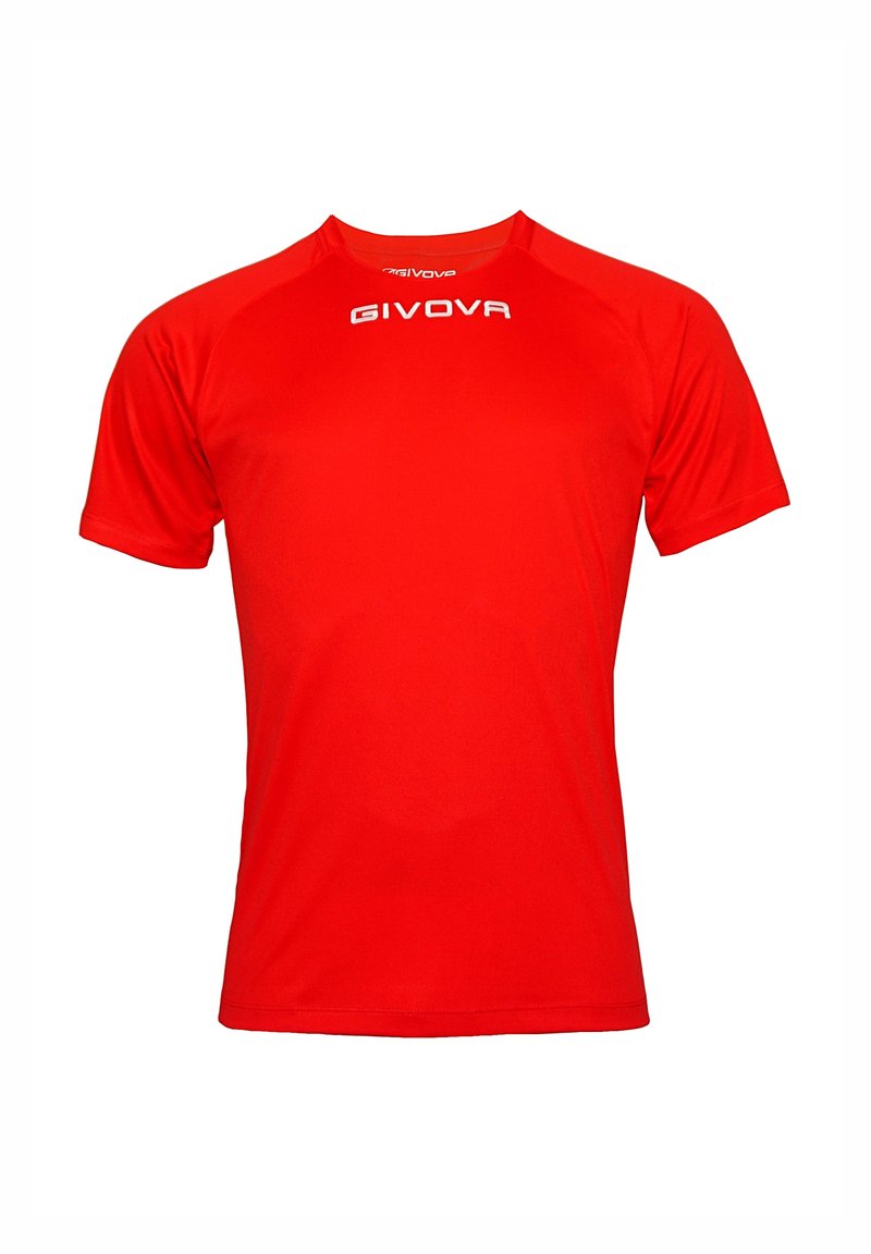 Rød sports t-shirt med korte ærmer lavet af åndbart stof. Har rund hals og GIVOVA-logo trykt i hvidt på fronten.