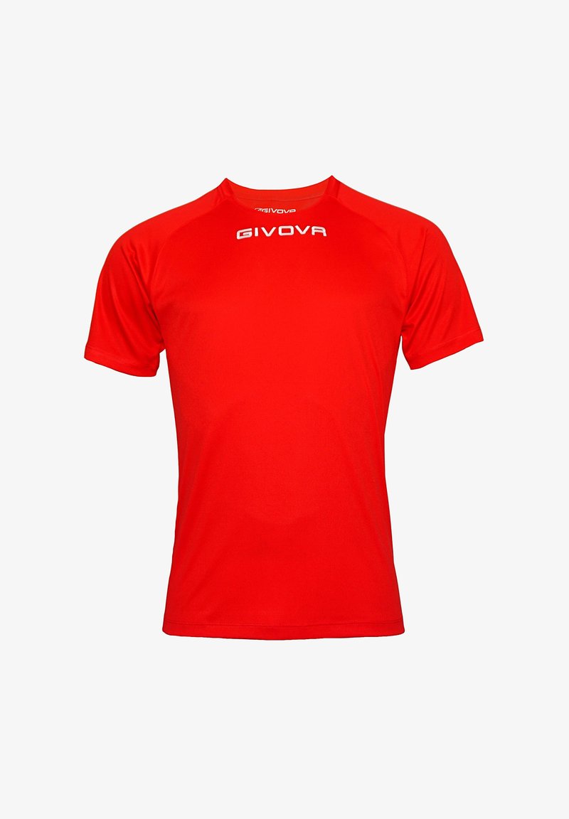 Červené sportovní tričko s krátkým rukávem vyrobené z prodyšného materiálu. Obsahuje kulatý výstřih a logo GIVOVA tištěné bílou barvou na přední straně.
