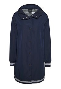 Námořnický plášť do deště s kapucí, předním zapínáním na knoflíky, elastickými manžetami a stříbrnými akcenty na rukávech a lemu. Vyrobeno z lehkého, voděodolného materiálu.