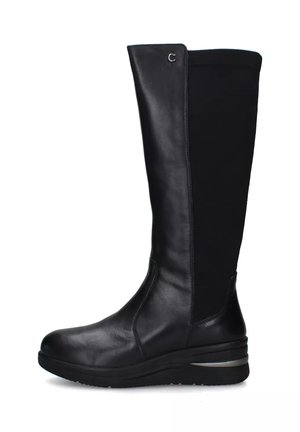Stivali neri al ginocchio con un esterno in pelle liscia, pannello in tessuto elastico, suola a zeppa e dettaglio metallico sul tacco.