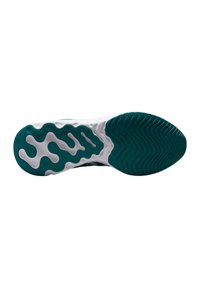 Suola della scarpa con un motivo a onda in verde acqua e bianco. Il design include scanalature testurizzate per una migliore aderenza e curve ergonomiche.