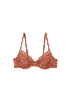 Soutien-gorge à armatures en dentelle couleur terre cuite avec motifs floraux, bretelles ajustables et petit nœud sur le devant.