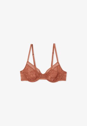 Soutien-gorge à armatures en dentelle couleur terre cuite avec motifs floraux, bretelles ajustables et petit nœud sur le devant.