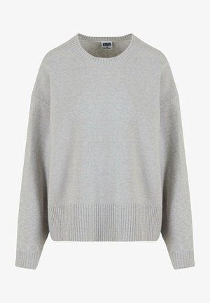 Suéter de punto gris claro con cuello redondo, hombros caídos y dobladillo acanalado. Textura suave y corte relajado.