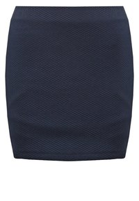 Mörkblå kjol med en texturerad, diamantmönstrad tyg; figursydd design och rak skärning. Har en midja och inga synliga detaljer.