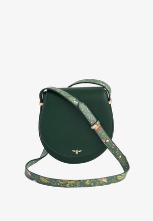 Green leather crossbody bag with a rounded shape. Features a patterned strap with floral designs and a small gold accent at the front.