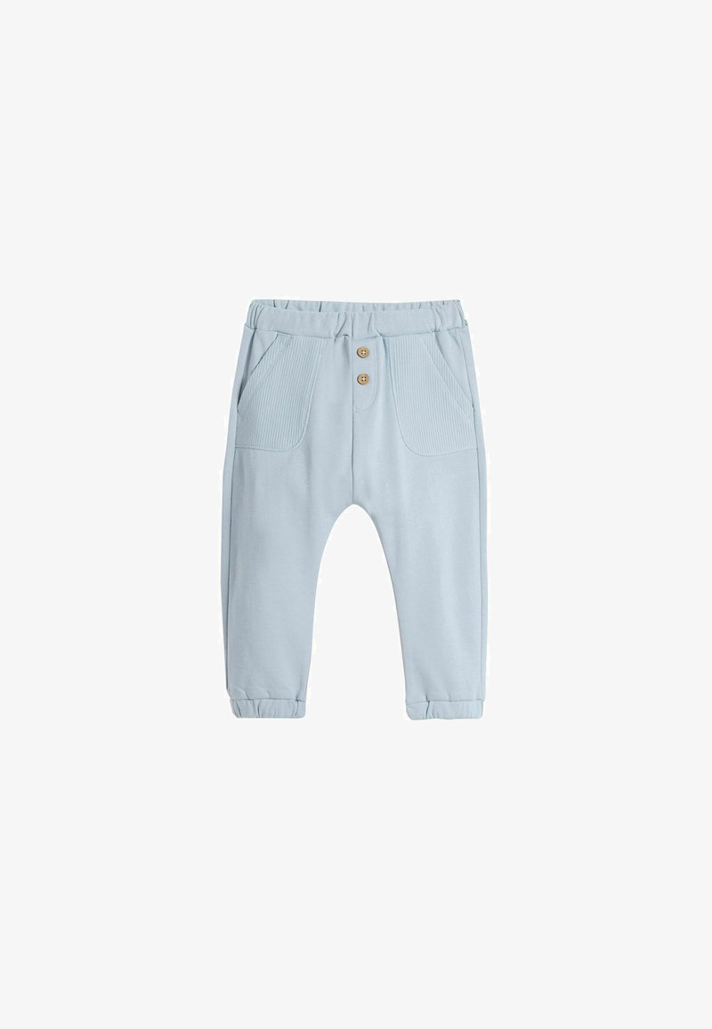 Harmaat siniset puuvillahousut kapealla lahkeella, joissa on kaksi etutaskua ja kiristysnauha vyötäröllä. Edessä on kaksi puista nappia.