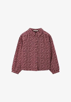 Lange mouwen blouse in lichtroze met een luipaardprint. Beschikt over een verspreid kraag, knoopsluiting en gathered mouwen voor textuur.