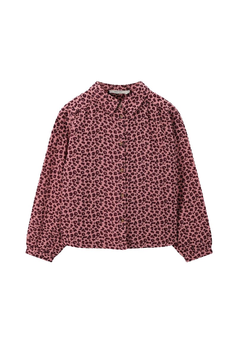 Long-sleeve button-up shirt in muted pink with black leopard print. Features a classic collar and gathered shoulders for added texture.