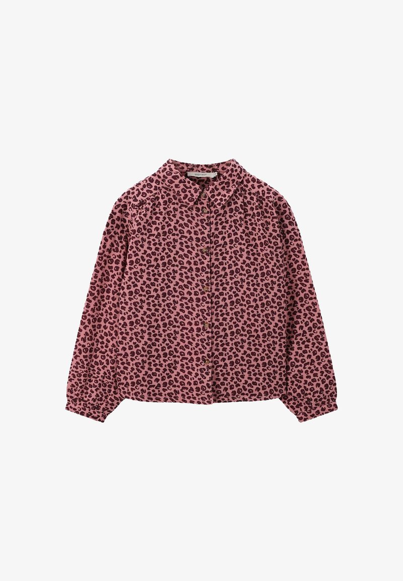 Long-sleeve button-up shirt in muted pink with black leopard print. Features a classic collar and gathered shoulders for added texture.