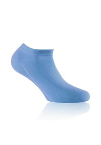 Calcetín azul hasta el tobillo con una textura de punto lisa, diseño minimalista y forma de corte bajo, con un ligero brillo sobre un fondo blanco.