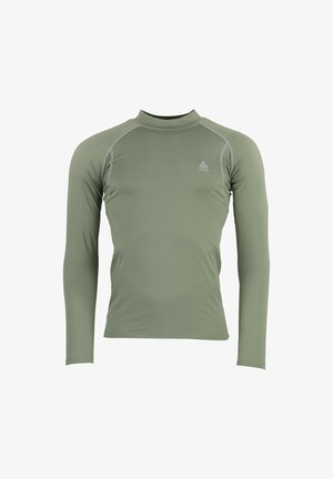 Rash guard à manches longues en vert olive, fabriqué en tissu lisse et extensible. Doté d'un col haut et de coutures contrastées. Design léger.