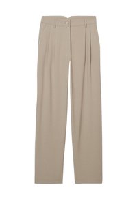 Pantalon beige à coupe ample, avec plis avant, fermeture par bouton et texture de tissu lisse. Coupe droite.