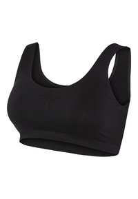 Sutiã wireless preto com tecido elástico e suave. Apresenta alças largas e decote redondo. Design sem costuras para maior conforto.