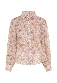 Bloemen blouse in beige met roze en gouden pailletten. Heeft een klassieke kraag en lange mouwen met geplooide manchetjes.