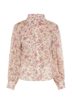 Camicia a bottoni floreale beige con paillettes rosa e oro. Presenta un colletto classico e maniche lunghe con polsini arricciati.