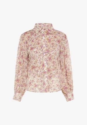 Camicia a bottoni floreale beige con paillettes rosa e oro. Presenta un colletto classico e maniche lunghe con polsini arricciati.