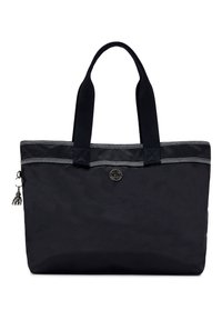 Borsa tote nera realizzata in tessuto resistente con due manici robusti, dotata di chiusura con zip, cuciture decorative e un charm a nappina.