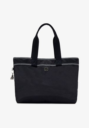 Black tote bag made of durable fabric with two sturdy handles, featuring a zip closure, decorative stitching, and a tassel charm.