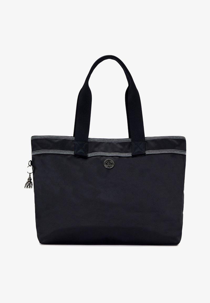 Czarna torba na ramię z trwałego materiału, z dwoma mocnymi uchwytami, zapinana na zamek błyskawiczny, ozdobnie przeszyta, z chwostem jako ozdobą.