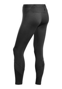 Zwarte sportlegging met een gladde textuur, hoge tailleband en een achterzak. Heeft een geribbeld patroon aan de onderzijden.