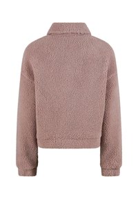 Kort, rosa fleecejacka med texturerad yta, krage och långa ärmar. Croppad design med nederkant vid midjan.