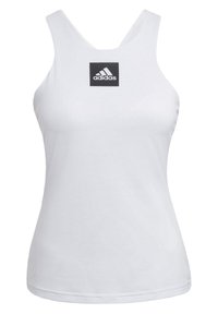 Canotta bianca con texture a coste, scollo a barco e un logo quadrato nero con tre strisce al centro. Tessuto dal tocco liscio.