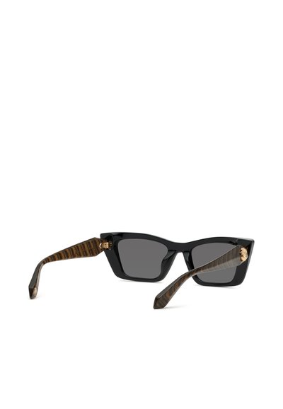 Black rectangular sunglasses with dark lenses and tortoiseshell-patterned arms featuring gold lion head details.