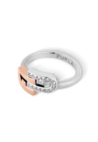 Prsten od srebra i ružičastog zlata s dizajnom kopče, ukrašen prozirnim kristalima duž trake i graviran s "FURLA."