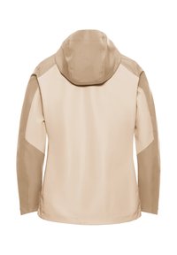 Veste beige clair avec capuche, présentant des accents marron contrastants sur les épaules et les manches. Texture lisse, forme épurée, design minimaliste.