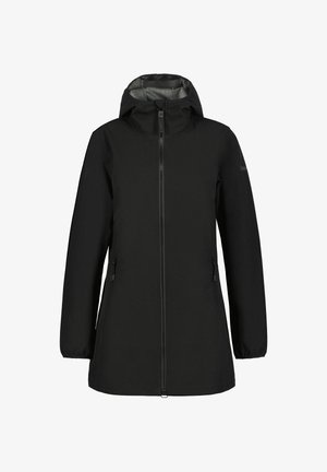 Black, long, waterproof jacket with a hood, front zip closure, and two side pockets. Smooth texture and minimalistic design.